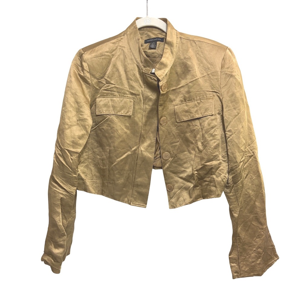 Kenneth Cole New York Vintage Gold Silk Linen Cropped Jacket Mandarin Collar 12